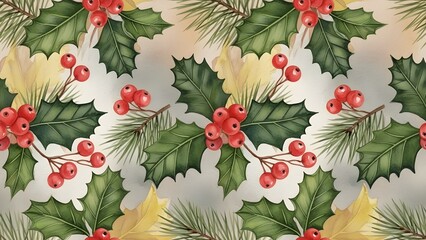 Festive holly and pine sprigs with red berries christmas pattern
