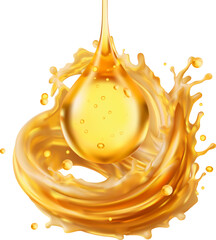 golden oil drop falling into swirling circular splash Fluid motion and rich glossy texture 3D vetor Isolated Great for engine oil or beauty serum concepts