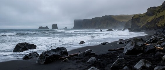Obraz premium Dramatic Black Sand Beach with Crashing Waves and Rugged Cliffs on a Stormy Day.