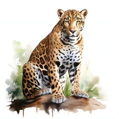 Fototapeta premium Elegant jaguar sitting on a branch surrounded by lush green foliage in soft focus background
