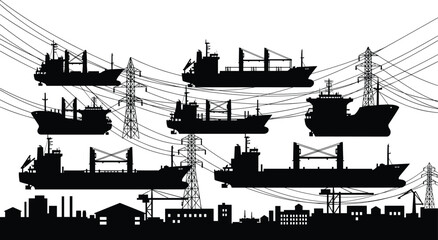 PrintSurreal, industrial, silhouette, ships, power, lines, transmission, towers, electricity, infrastructure, factory, chimneys, cables, urban, network, 