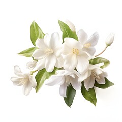 Obraz premium Elegant white magnolia blossoms arrangement with green leaves on a white background