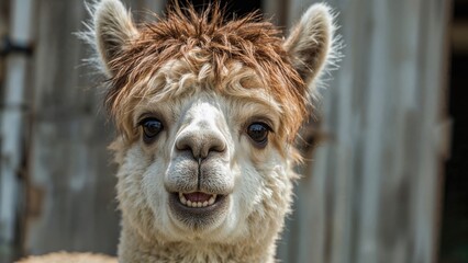 Fototapeta premium Close-up of the face of an alpaca with fluffy fur, dark eyes, and small ears.