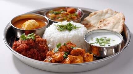 Delicious Indian meal featuring rice, bread, and various curries. A vibrant display of flavors perfect for food lovers. Experience traditional cuisine in one plate. AI