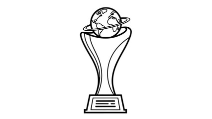 Obraz premium A black and white line drawing of a trophy with a globe on top, symbolizing global achievement or an international award.
