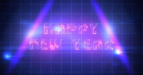 Techno style corporate structure wishing HAPPY NEW YEAR neon bg. Light shimmering light-leaks glowing grid club retro themed animation. Joyful welcome animation 2026 luxurious royal bg seasonal.