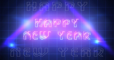 Techno style corporate structure wishing HAPPY NEW YEAR neon bg. Light shimmering light-leaks glowing grid club retro themed animation. Joyful welcome animation 2026 luxurious royal bg seasonal.