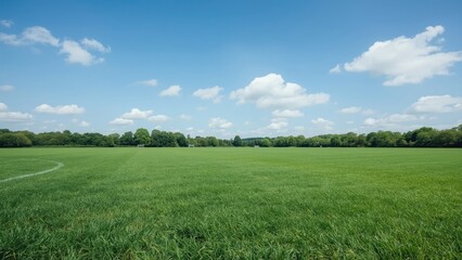 Obraz premium Vast green field under blue sky with clouds. Nature and outdoor landscape. The scene of open grassland and clear weather.