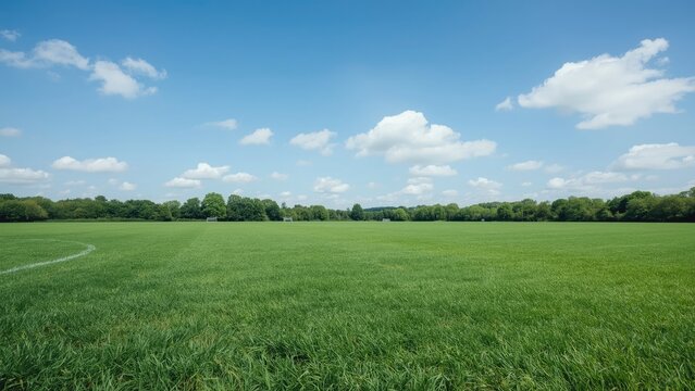 Vast green field under blue sky with clouds. Nature and outdoor landscape. The scene of open grassland and clear weather.