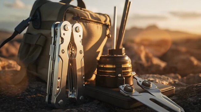 Close Up Shot of Silver Multi Tool and Backpack with Camera Lens on Rocky Terrain during Golden Hour