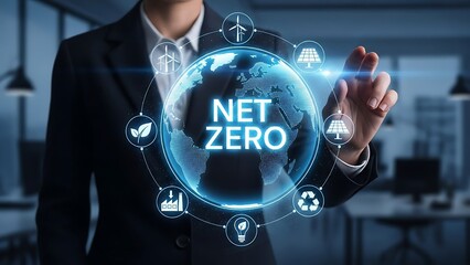 A businessman interacting with a net zero digital interface in a modern office setting with a futuristic atmosphere and sustainability concepts