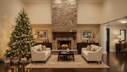 Obraz premium A cozy living room decorated for Christmas with a tree, presents, and a central fireplace surrounded by sofas, in a warm, inviting home setting.