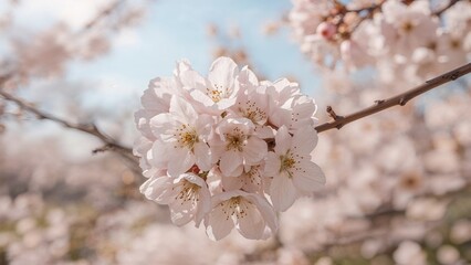 Fototapeta premium Close-up of cherry blossoms in full bloom during spring. Beautiful spring flowers, nature, and blooming trees. The charm of cherry blossom season.