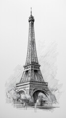 Obraz premium Detailed pen and ink sketch captures Eiffel Tower rising above surrounding scenery majestically