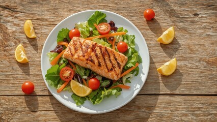 Grilled fish fillet on a fresh salad with cherry tomatoes, lemon wedges, and mixed greens, served on a rustic wooden table.