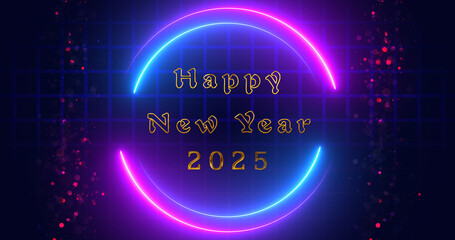 Gold motion graphics glittering neon circle Happy New Year 2026 wishing bg. Shiny glowing metallic text with fairy dust revealing it, neon circle frame. Announcement social media banner posts bg
