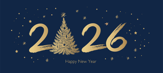 Happy New Year 2026 Greeting Card with Golden Brush Strokes