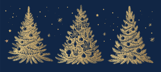 Christmas tree set on blue, Hand drawn illustrations.	
