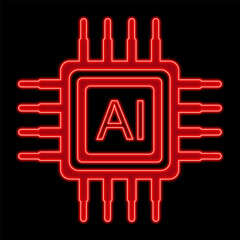 Neon AI Chip Core of Artificial Intelligence. Artificial Intelligence Hardware Icon. Glowing Microchip Brain of AI