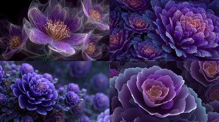 Vibrant purple flowers with yellow centers arranged in a collage of four images showcasing different angles and lighting effects on a dark background