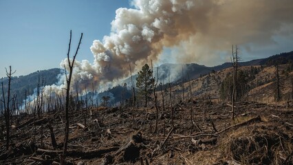 Wildfire smoke rising over a barren, scorched landscape with burned trees and hills in the background.