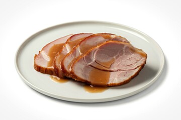 thinly sliced ham arranged on a white ceramic plate