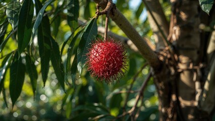 Red durian fruit hanging from a tree among green leaves and branches.