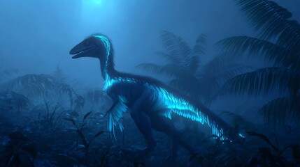 Feathered dinosaur with glowing blue feathers in dark, misty prehistoric jungle