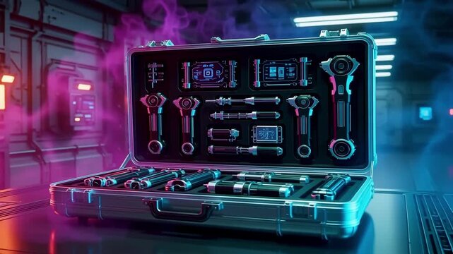 Futuristic high-tech tool kit in sci-fi laboratory with neon lighting
