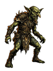 Fototapeta premium A green-skinned goblin creature with pointed ears and sharp teeth standing in a powerful stance wearing tattered leather armor against a plain white background.