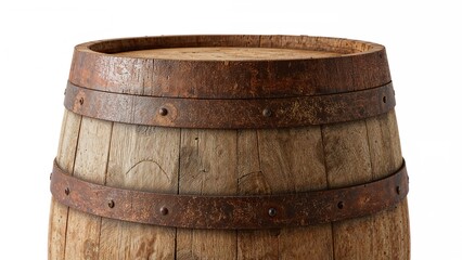 Obraz premium Wooden barrel with metal hoops, vintage container, rustic storage, traditional whiskey or wine barrel, old-fashioned woodworking craftsmanship.