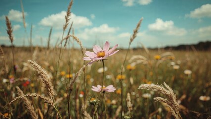 Obraz premium A field with wildflowers and tall grass under a partly cloudy sky.