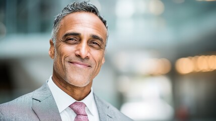 Fototapeta premium Confident Executive Portrait: A poised and experienced executive, dressed in a formal suit and tie, exudes confidence with a subtle smile, embodying leadership and corporate professionalism.