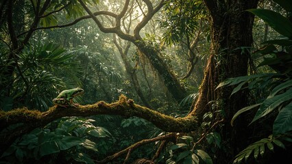 Fototapeta premium Lush tropical rainforest with dense foliage and a green frog perched on a mossy branch in a jungle setting. Privacy and nature conservation concept. Wildlife and natural habitat. The beauty of rain...