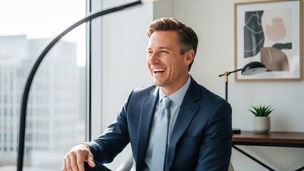 Portrait of a happy businessman laughing in a modern office setting professional success corporate leadership confident executive bright window light stylish interior design