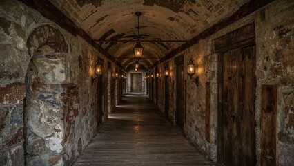 Obraz premium A long, narrow stone corridor with arched ceiling, dim lantern lighting, and rustic wooden doors along the walls.
