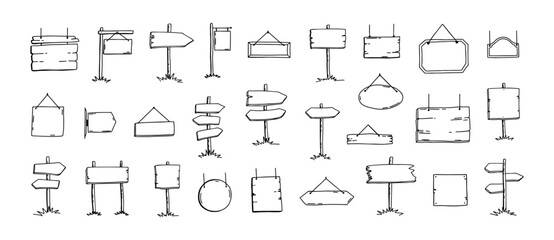 Wooden signboard. Doodle wood road sign. Hand draw arrow and plaque direction signage. Sketch plate and empty frame for outdoor advertising or decorative pointer. Antique banner isolated vector set