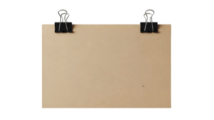 Two black binder clips holding a blank beige paper sheet isolated on transparent background