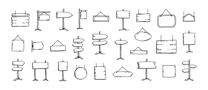 Wooden signboard. Doodle wood road sign. Hand draw arrow and plaque direction signage. Sketch plate and empty frame for outdoor advertising or decorative pointer. Antique banner isolated vector set