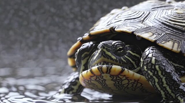 This engaging video features a close-up of a painted turtle resting peacefully in a tranquil pond. Observe its intricate shell patterns and calm demeanor, showcasing the beauty of this amazing reptile