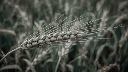Obraz premium Close-up of a wheat stalk in a field with the background of wheat plants. Agriculture, crops, and harvest. The focus on the wheat ear.