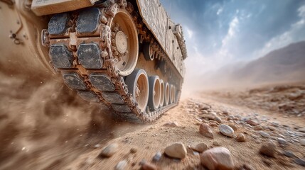 A tank is driving through a desert with a lot of dust and rocks