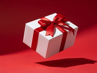 Obraz premium White Gift Box with Red Ribbon Bow on Red Background