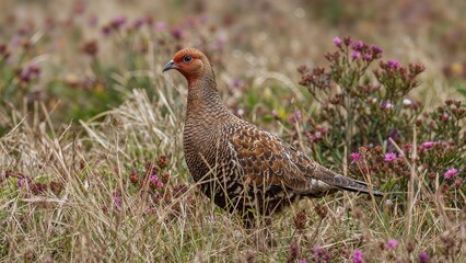 A bird in a natural grassland environment with pink and purple wildflowers, displaying similar features and habitat to the original image.