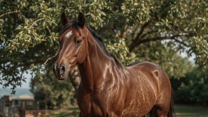 Obraz premium A brown horse standing outdoors with trees and a building in the background.
