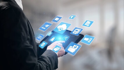 Concept design of managing online documents with cloud storage, digital file management, and secure sharing. Online documents improve workflow, online documents enhance security. Gist