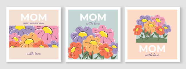 Mother's Day greeting cards. Square templates with floral designs for birthdays, hello spring, and holiday invitations. Pastel palette. Vector illustration.