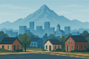 Quiet suburban city area with mountain backdrop, halftone vector art.