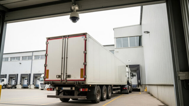 A white commercial truck backs into a loading dock at a modern industrial warehouse. A security camera monitors the logistics operations and delivery process.