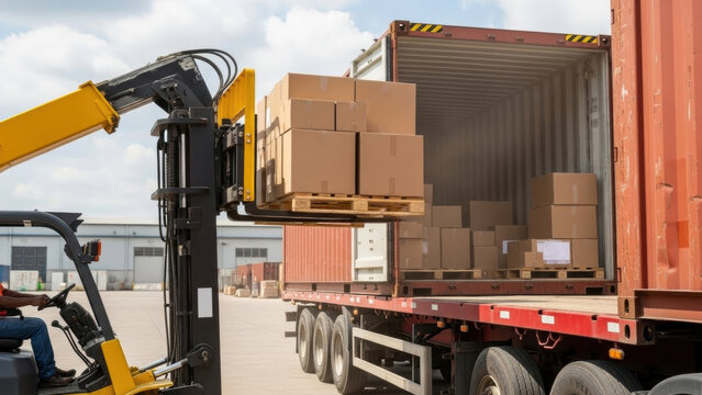 Forklift loading stacks of brown cardboard boxes on a pallet into an open red shipping container on a truck trailer at an industrial facility.